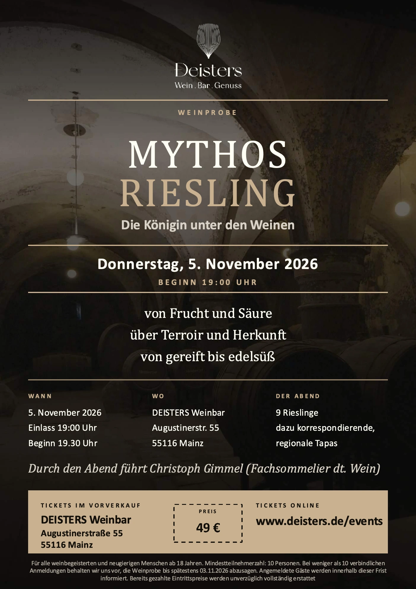 Flyer Mythos Riesling: Weinprobe am 5. November 2026 bei DEISTERS in Mainz, neun Rieslinge mit regionalen Tapas für 49 Euro pro Person.